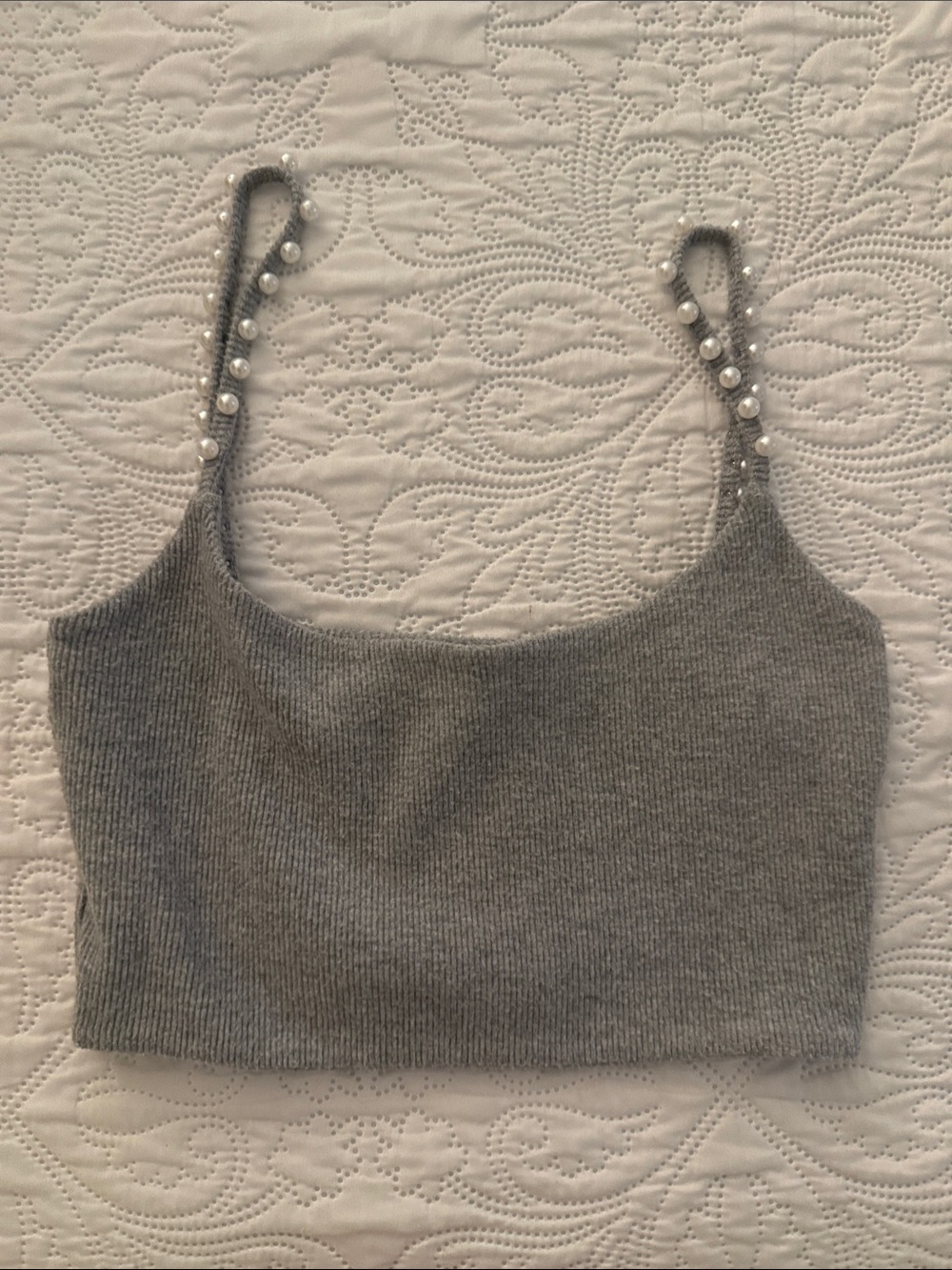Zara Gray Pearl-Detail Ribbed Knit Camisole